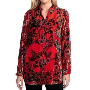 Johnny Was Blouse Red Velvet Floral and Animal Print NWT Retail $328